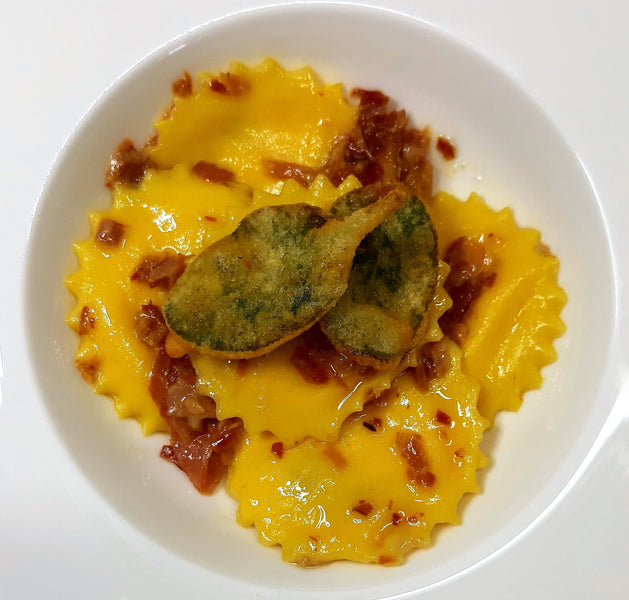 Tortelli with Ricotta, Speck and Saffron